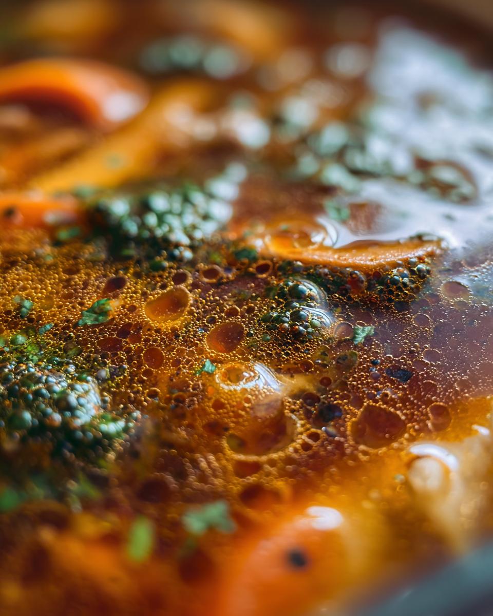 Close-up of bubbling Spicy Thai Chicken Soup with herbs and vegetables.