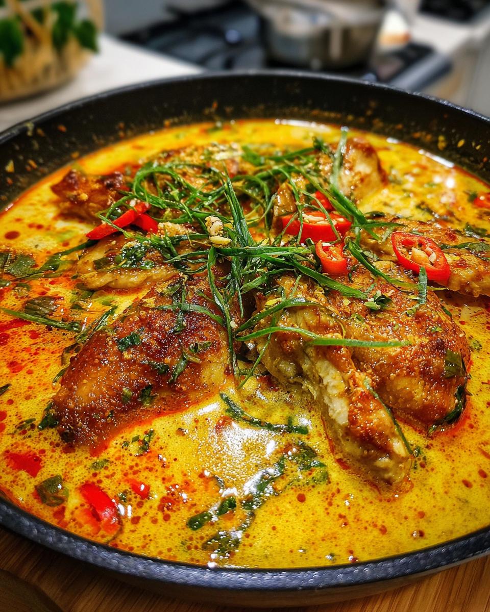 Close-up of a pan filled with Spicy Thai Chicken Soup, garnished with herbs and red chilies.