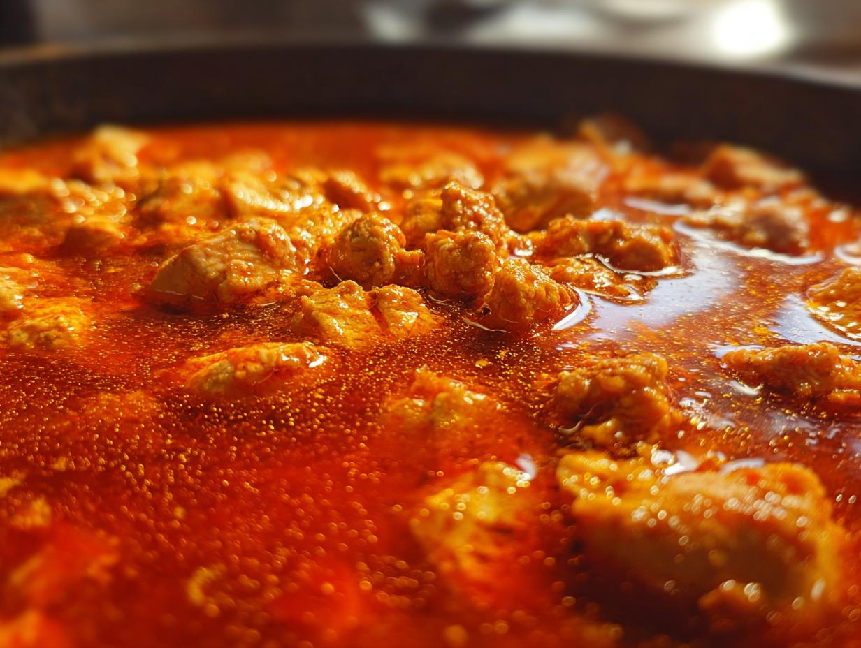 Close-up of Spicy Thai Chicken Soup with chicken pieces in a rich, red broth.