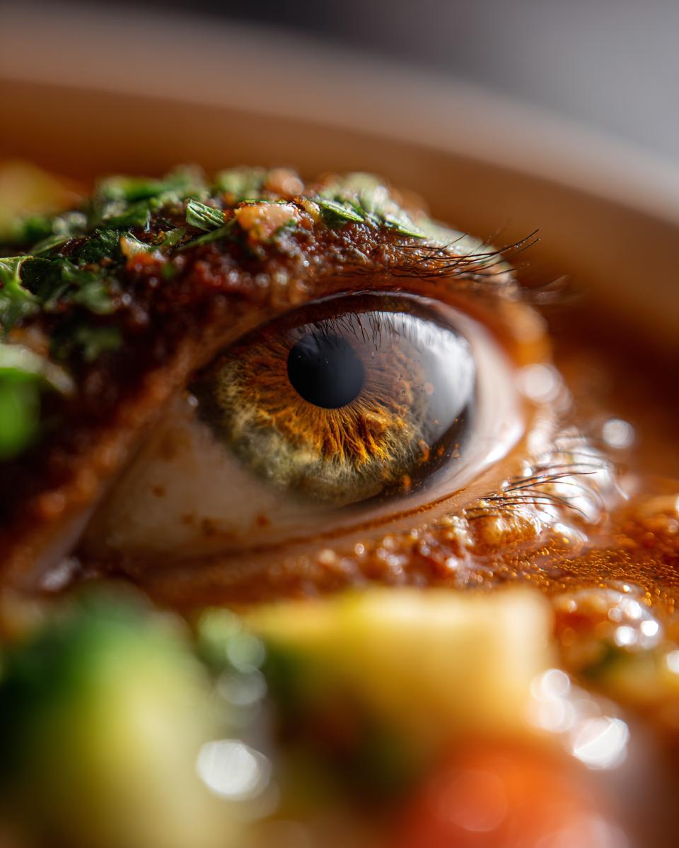 Close-up of an eye within a bowl of Spicy Thai Chicken Soup, showcasing the vibrant colors and textures.