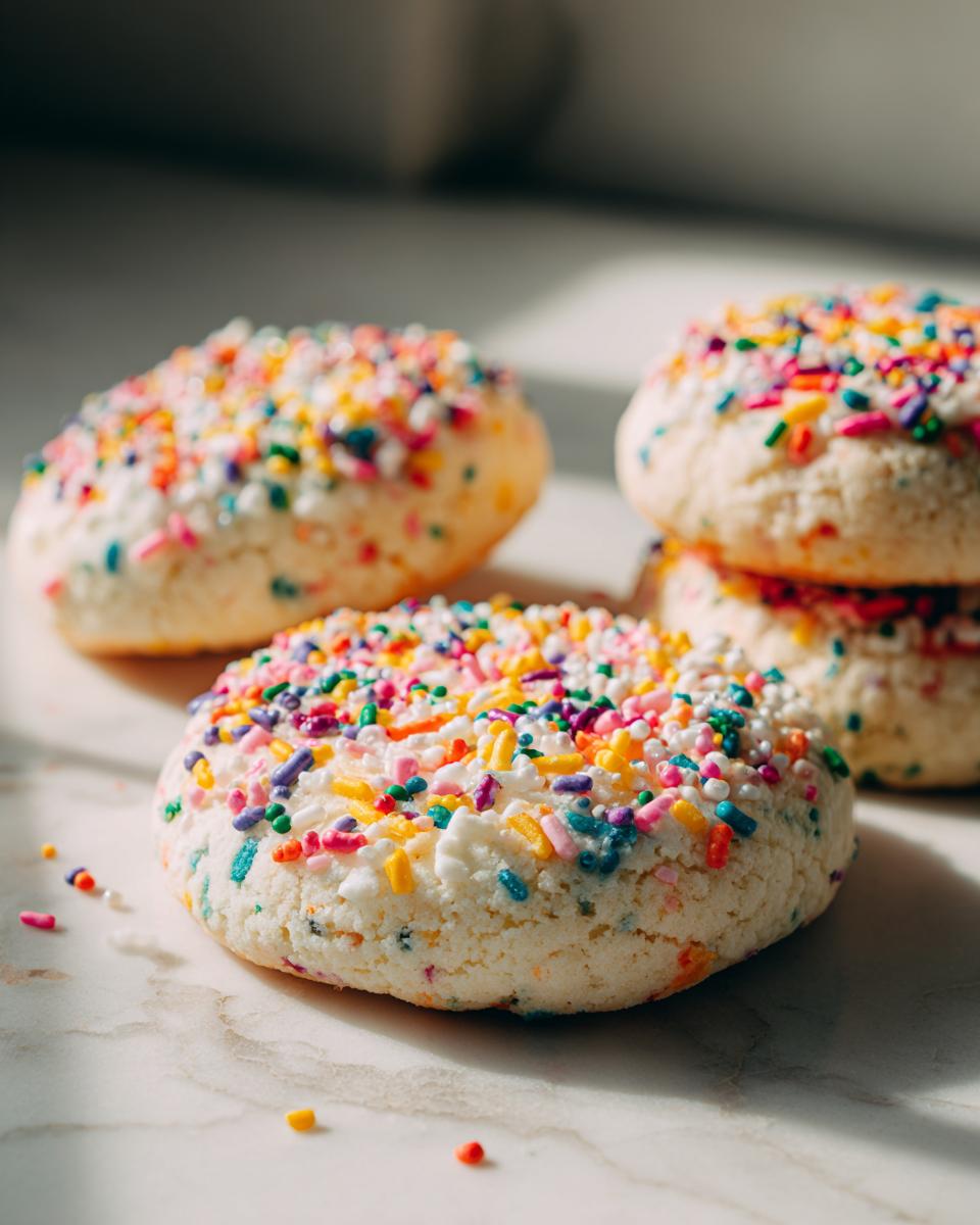 Close-up of soft, round Sprinkle Sugar Cookies generously coated in colorful jimmies and nonpareils.