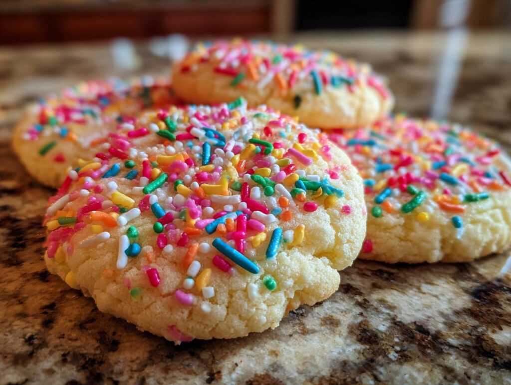 Close-up of several Sprinkle Sugar Cookies topped with colorful jimmies and nonpareils.