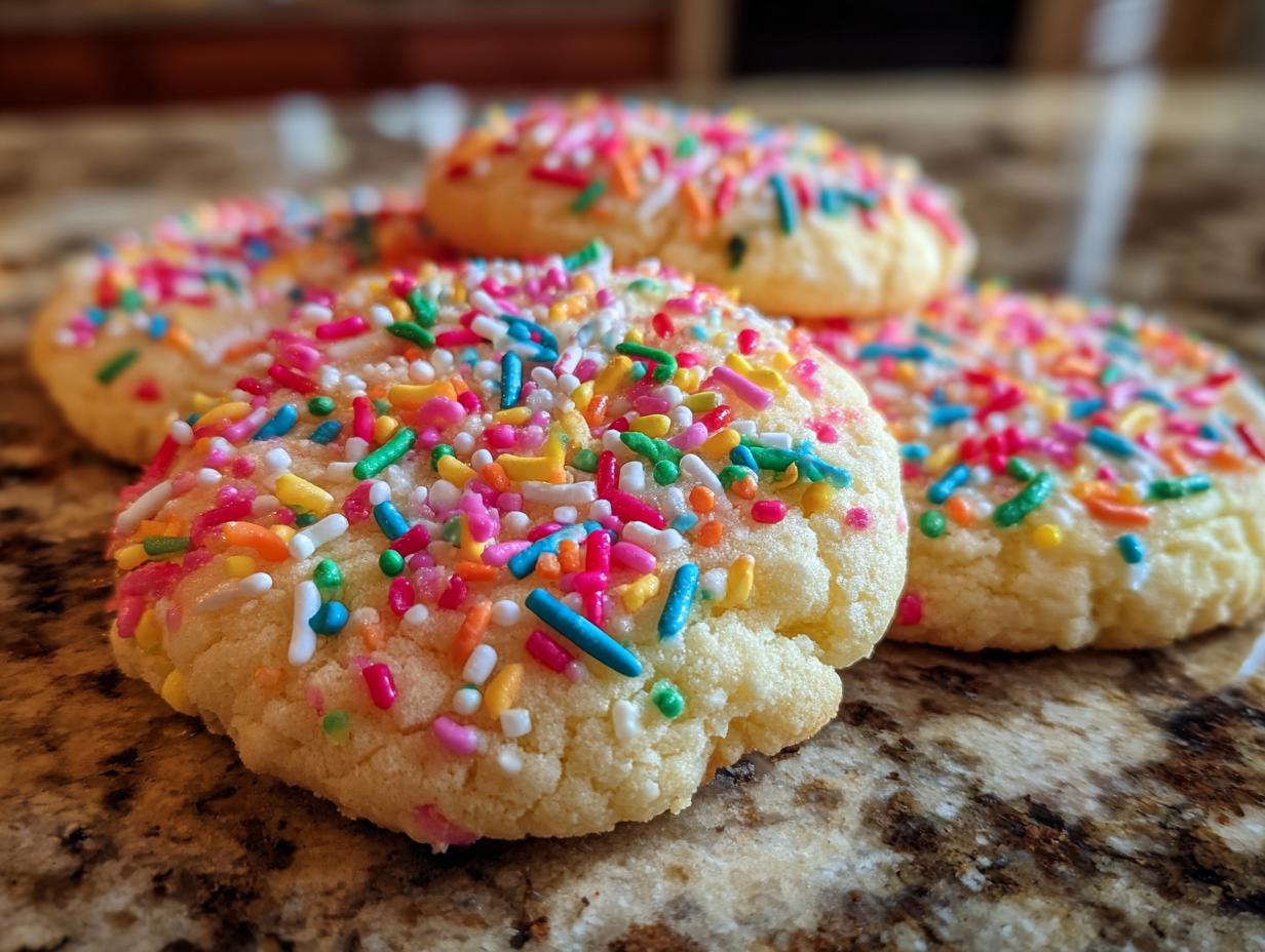 Close-up of several Sprinkle Sugar Cookies topped with colorful jimmies and nonpareils.