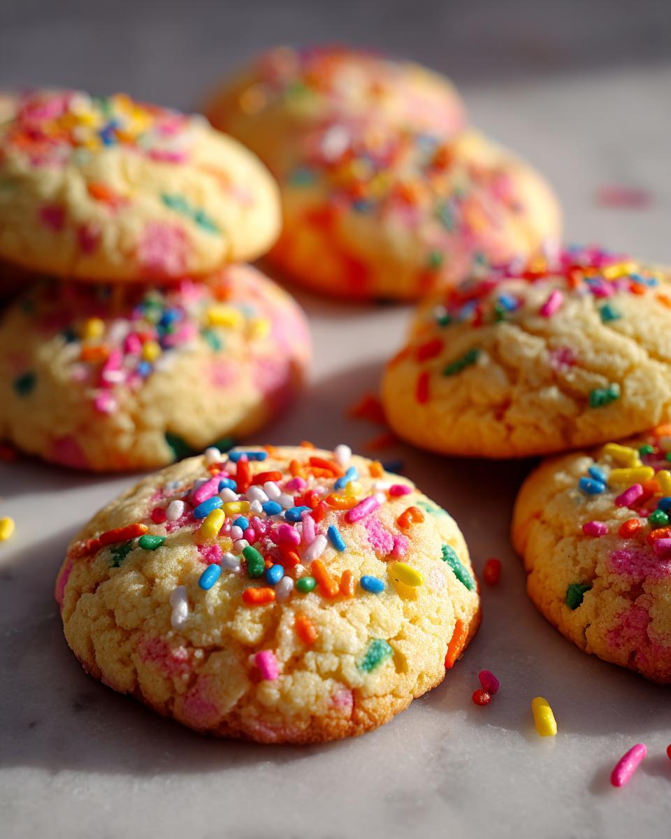 A close-up of several Sprinkle Sugar Cookies, generously topped with colorful rainbow sprinkles.