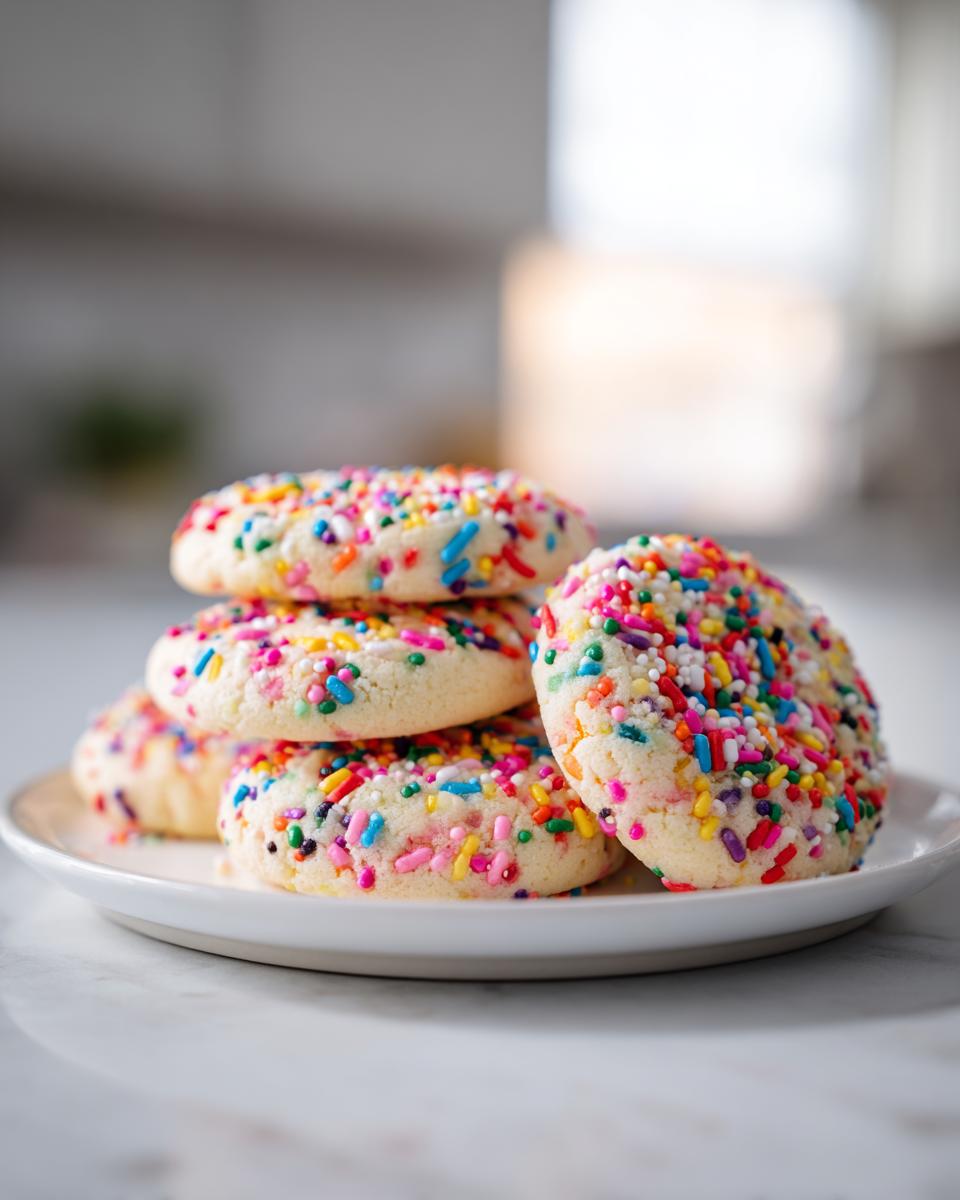 A stack of colorful Sprinkle Sugar Cookies on a white plate, showcasing their festive appearance.