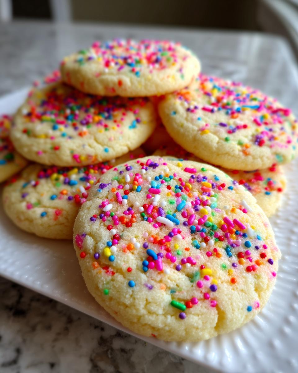 A close-up of a stack of soft, round Sprinkle Sugar Cookies, generously topped with colorful rainbow sprinkles.