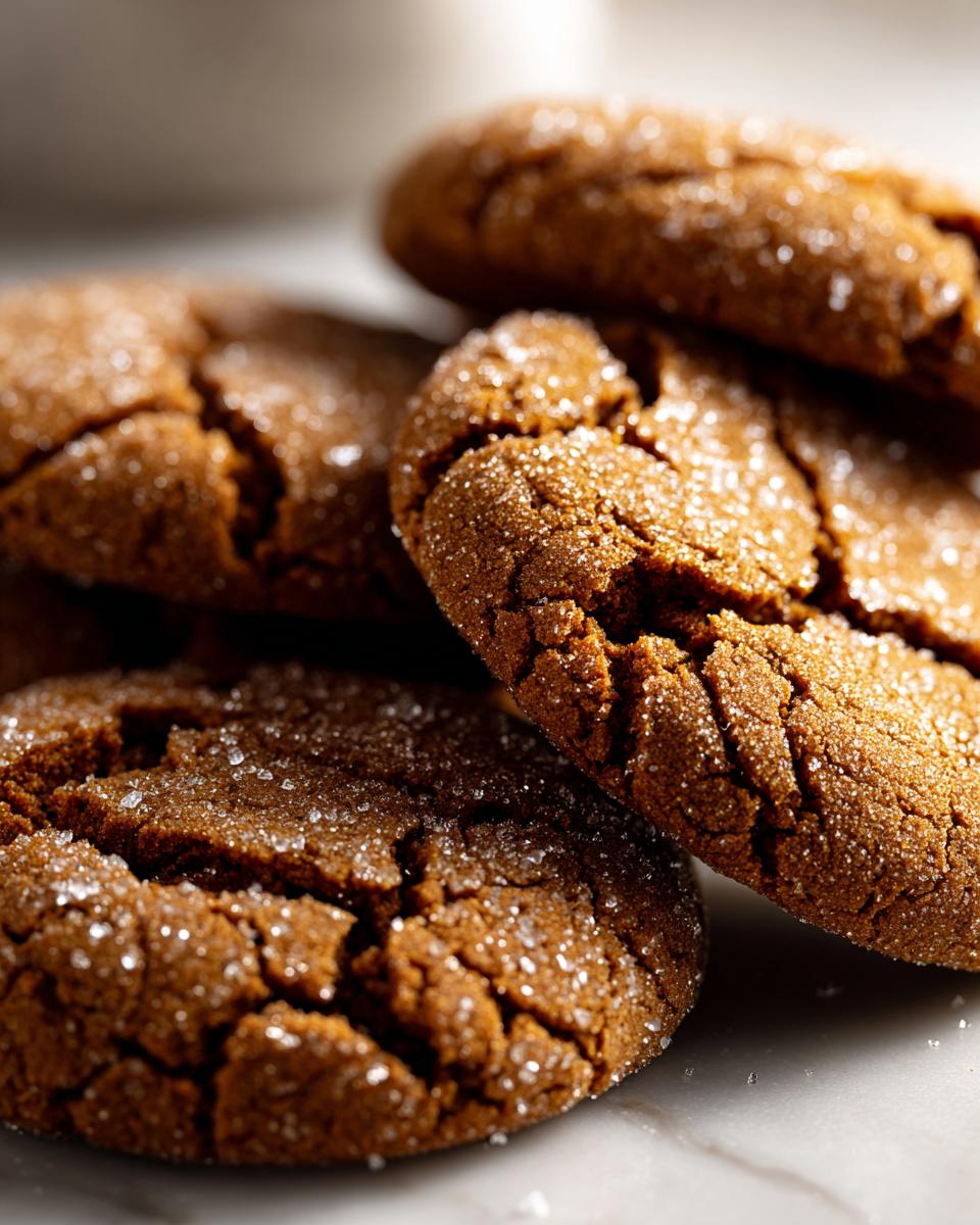 Close-up of Starbucks Copycat Ginger Molasses Cookies, dusted with sugar and cracked on top.