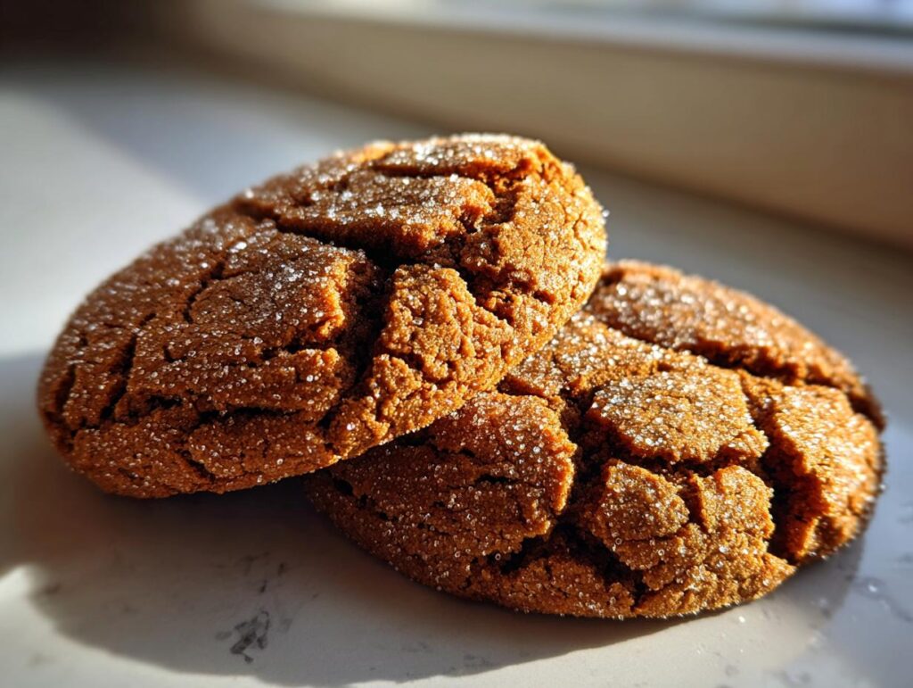 Close-up of two Starbucks Copycat Ginger Molasses Cookies, coated in sugar, with a cracked surface.