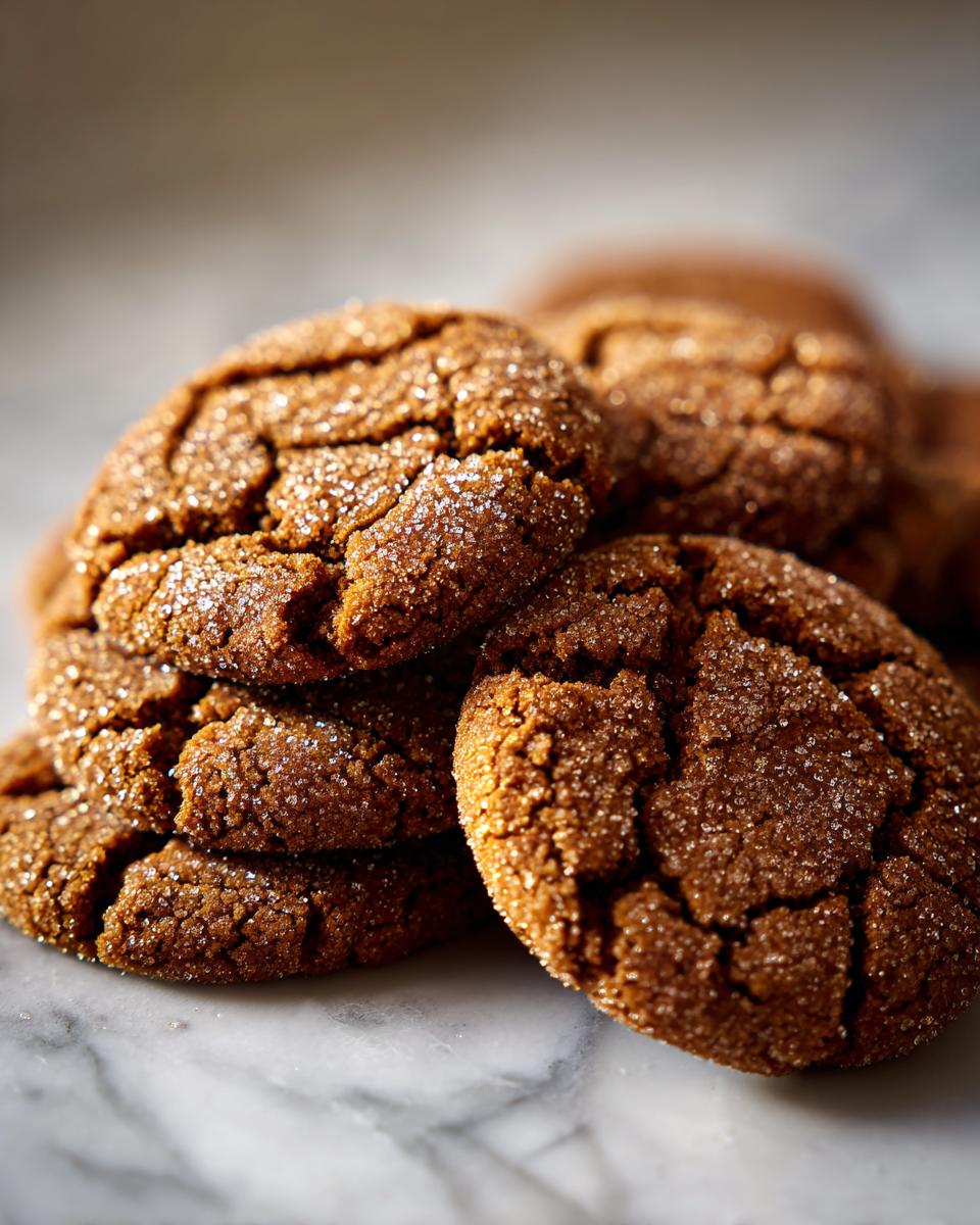 A close-up stack of Starbucks Copycat Ginger Molasses Cookies, glistening with sugar crystals.