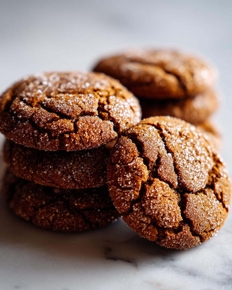 A stack of Starbucks Copycat Ginger Molasses Cookies, coated in sugar, with a cracked texture.