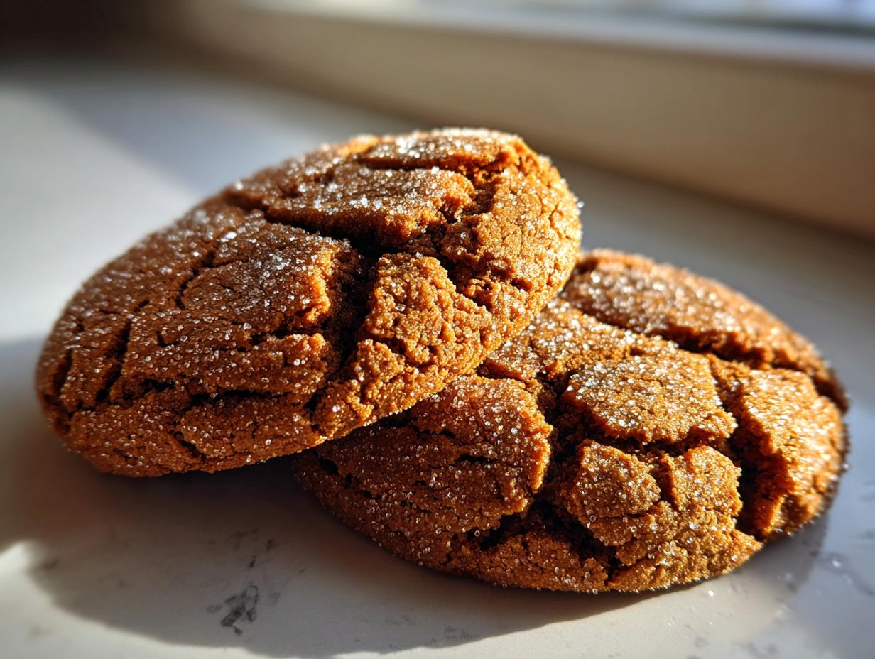 Close-up of two Starbucks Copycat Ginger Molasses Cookies, coated in sugar, with a cracked surface.