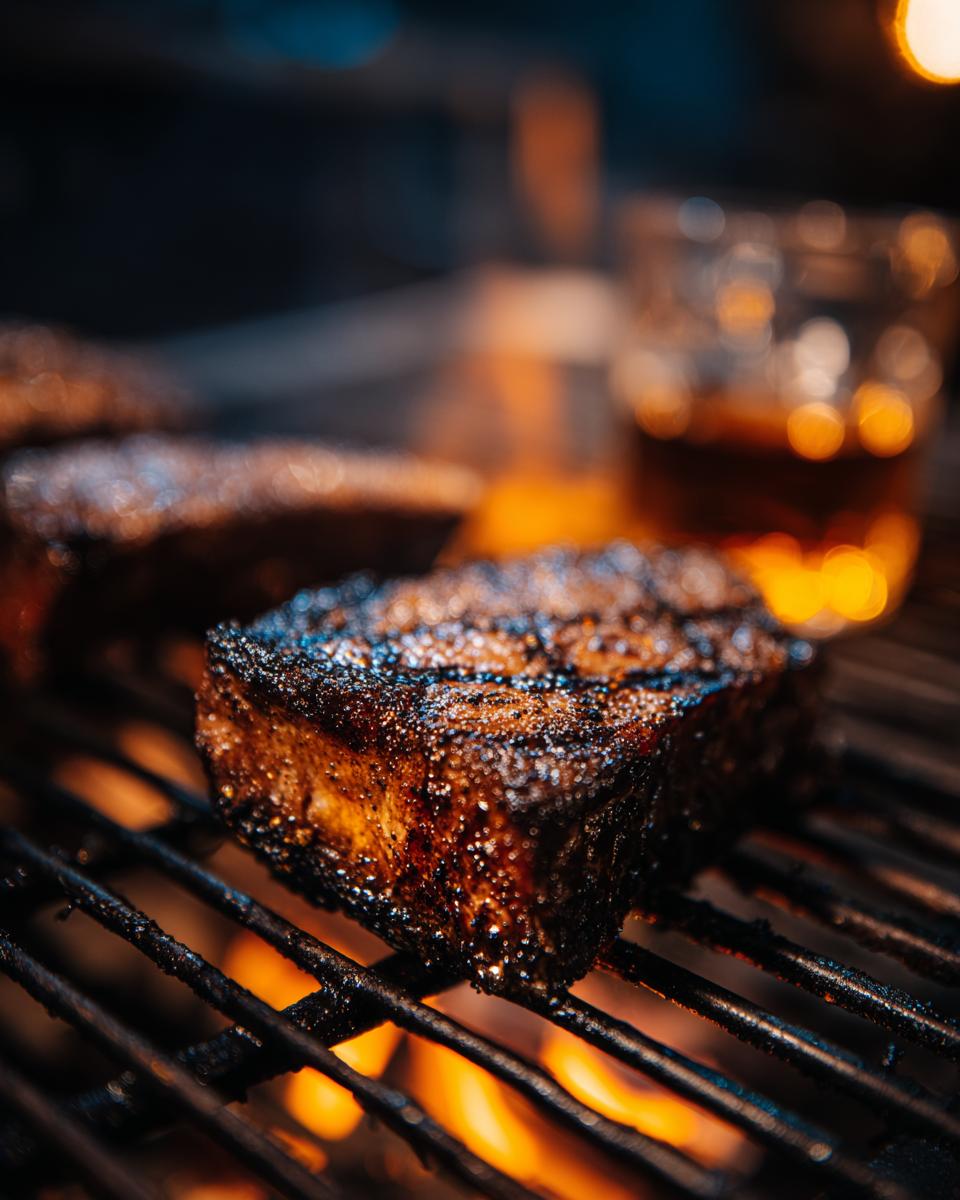Close-up of a thick, juicy steak grilling over open flames, with a glass of amber liquid in the blurred background.