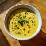 Overhead shot of a bowl of creamy Sweet Corn Chowder garnished with fresh parsley.