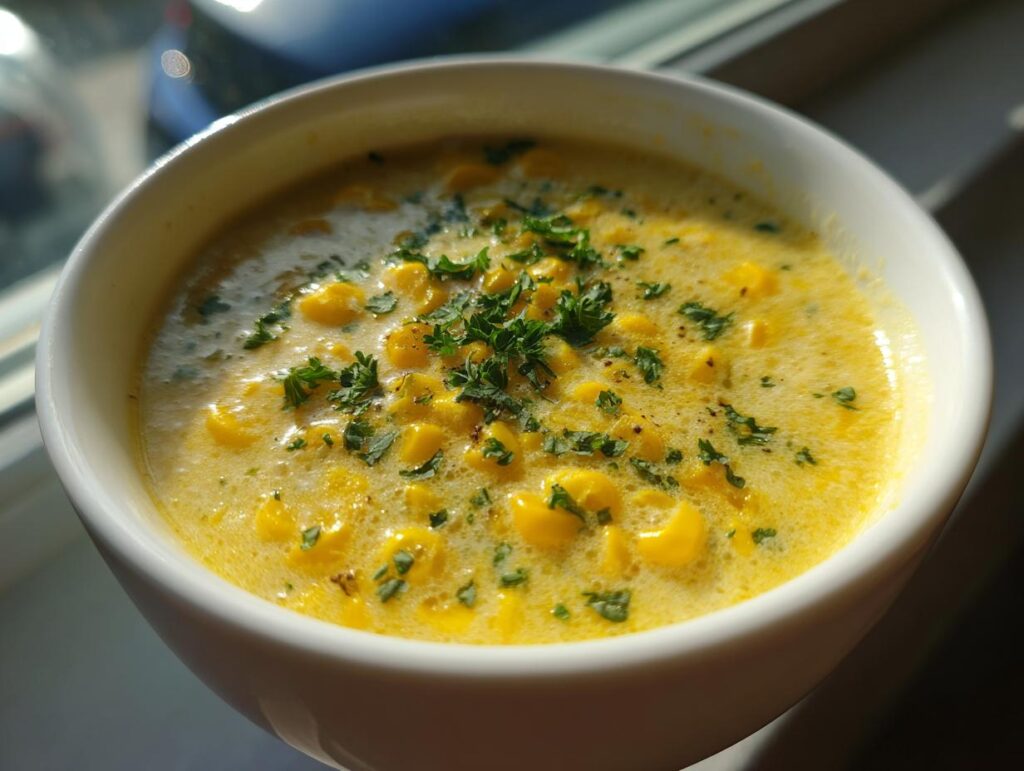 Close-up of a bowl of creamy Sweet Corn Chowder, garnished with fresh herbs.