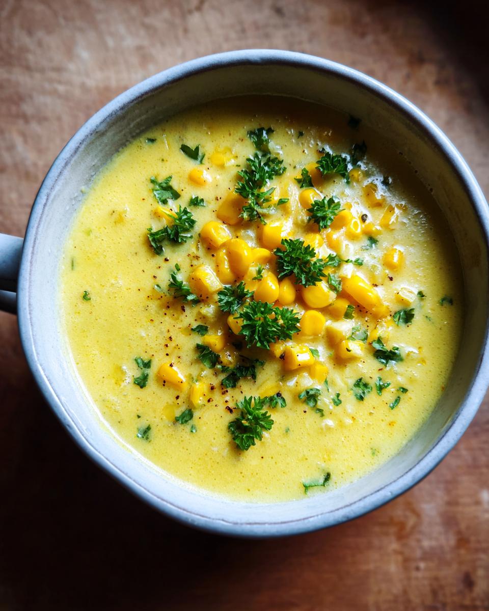 Overhead shot of a bowl of Sweet Corn Chowder, garnished with parsley.
