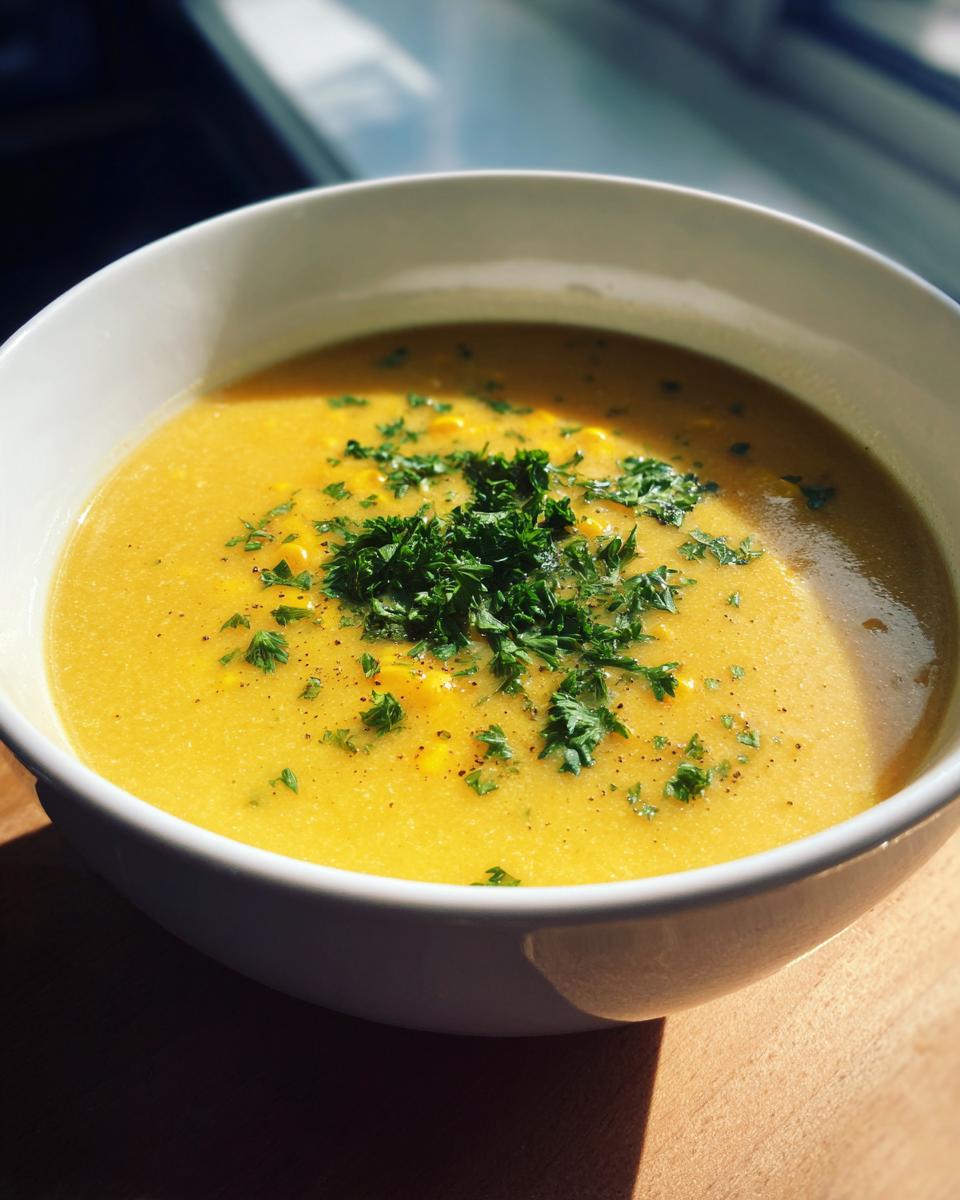 Close-up of a bowl of creamy Sweet Corn Chowder, garnished with fresh parsley.