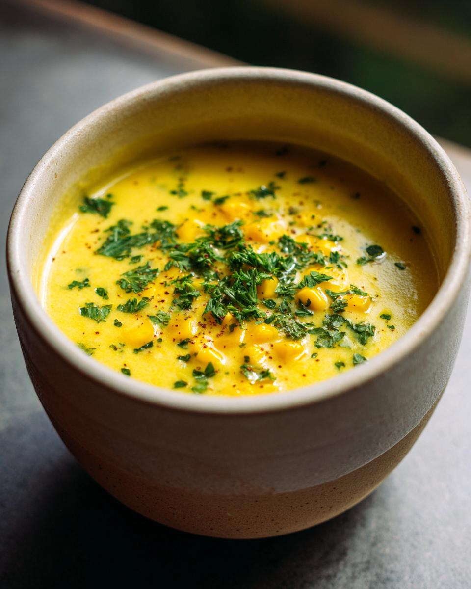 Close-up of a bowl of creamy Sweet Corn Chowder garnished with fresh herbs.