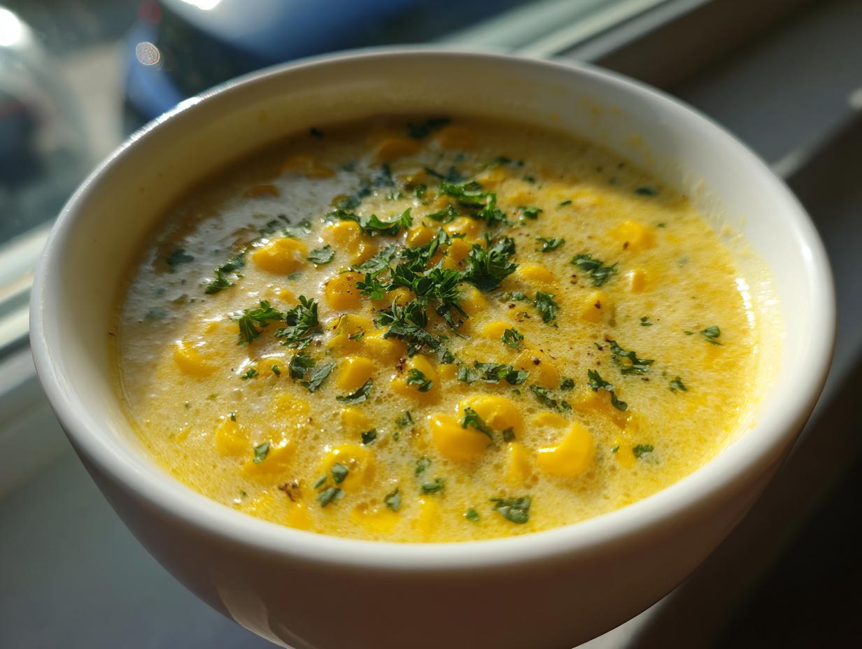 Close-up of a bowl of creamy Sweet Corn Chowder, garnished with fresh herbs.