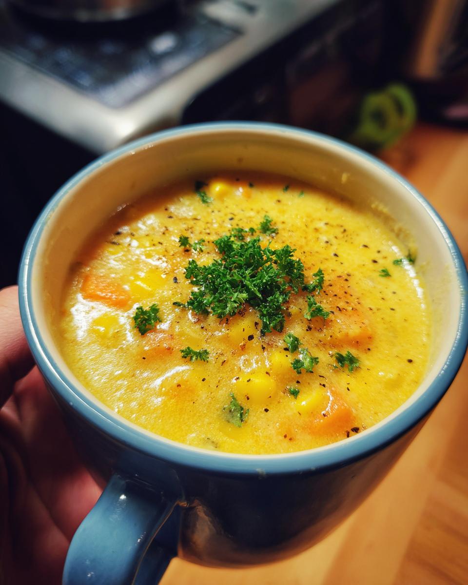 Close-up of a mug filled with Sweet Corn Chowder, garnished with parsley.