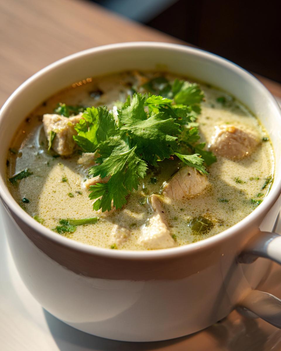 Close-up of a bowl of Thai-Inspired Coconut Chicken Soup garnished with fresh cilantro.