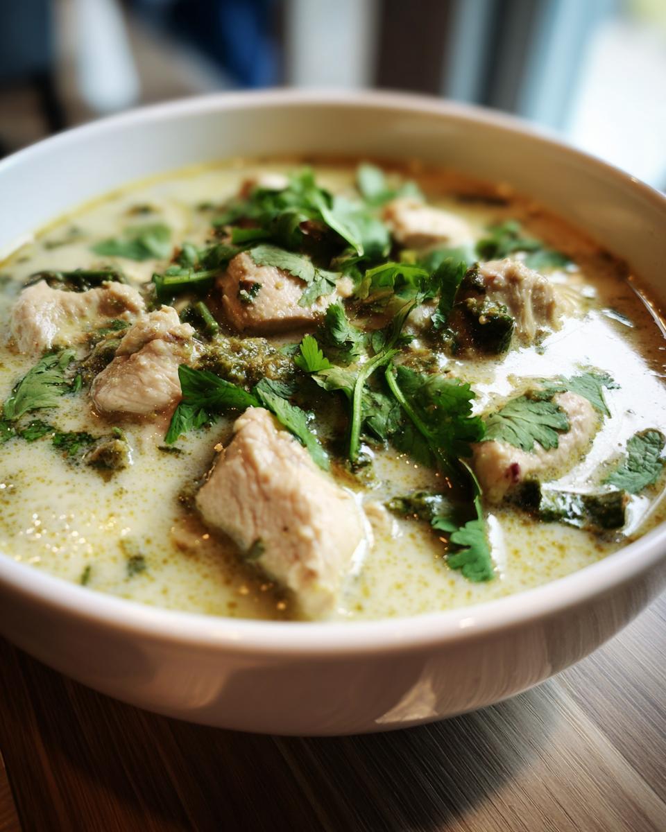 Close-up of a bowl of Thai-Inspired Coconut Chicken Soup, garnished with fresh cilantro.