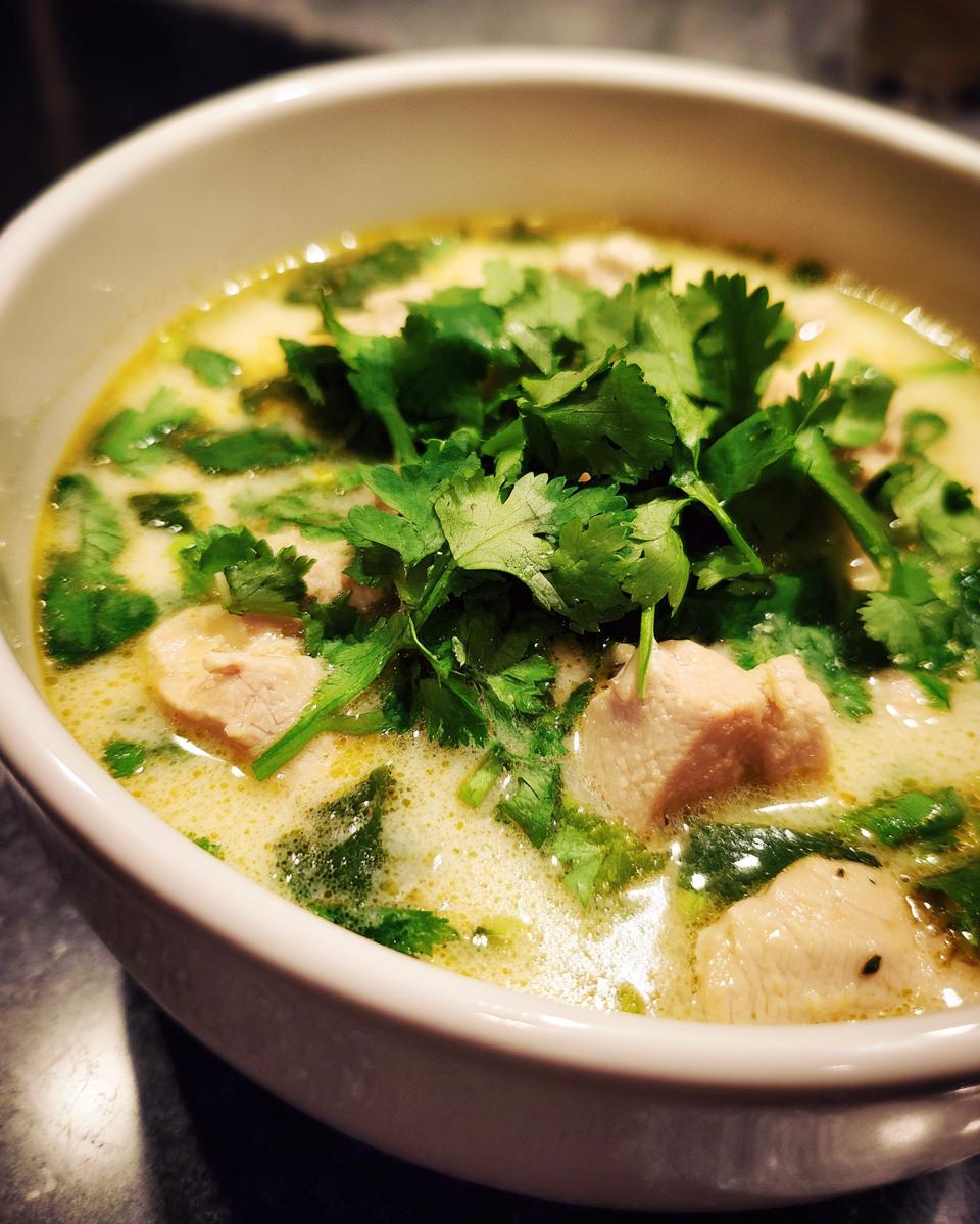 Close-up of a bowl of Thai-Inspired Coconut Chicken Soup, garnished with fresh cilantro.