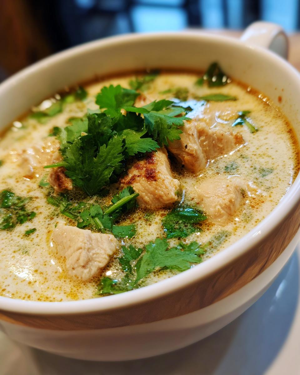 Close-up of a bowl of Thai-Inspired Coconut Chicken Soup with chicken and cilantro.