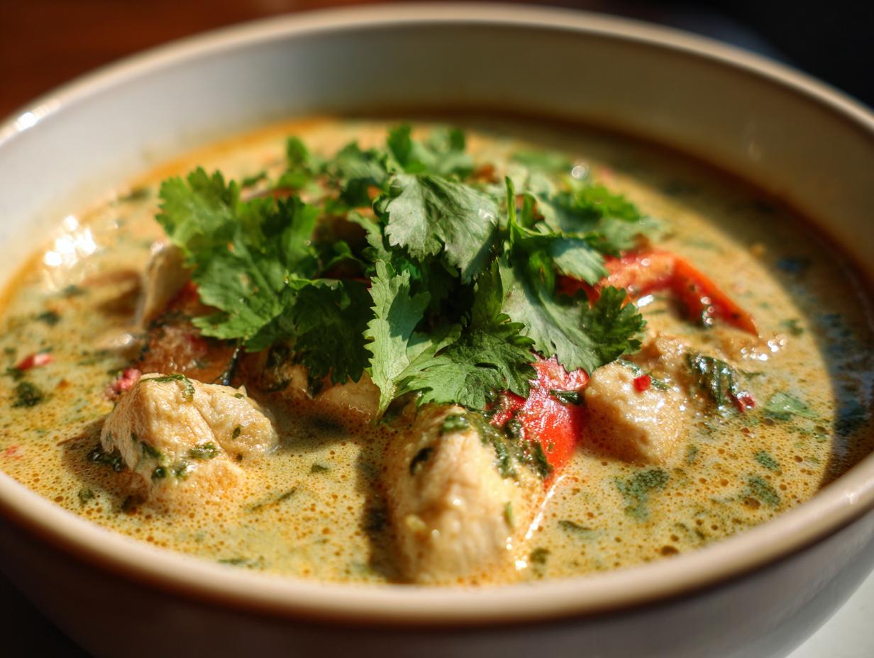 Close-up of a bowl of Thai-Inspired Coconut Chicken Soup, garnished with fresh cilantro.
