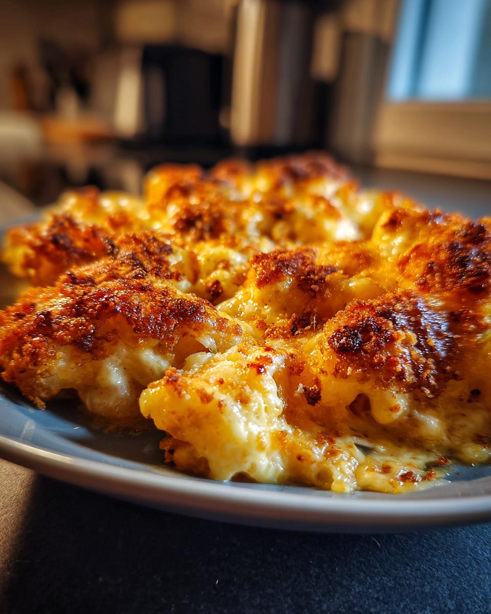Close-up of golden baked Thanksgiving Mac and Cheese on a plate.