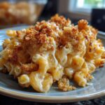 Close-up of creamy Thanksgiving Mac and Cheese with a crispy breadcrumb topping.