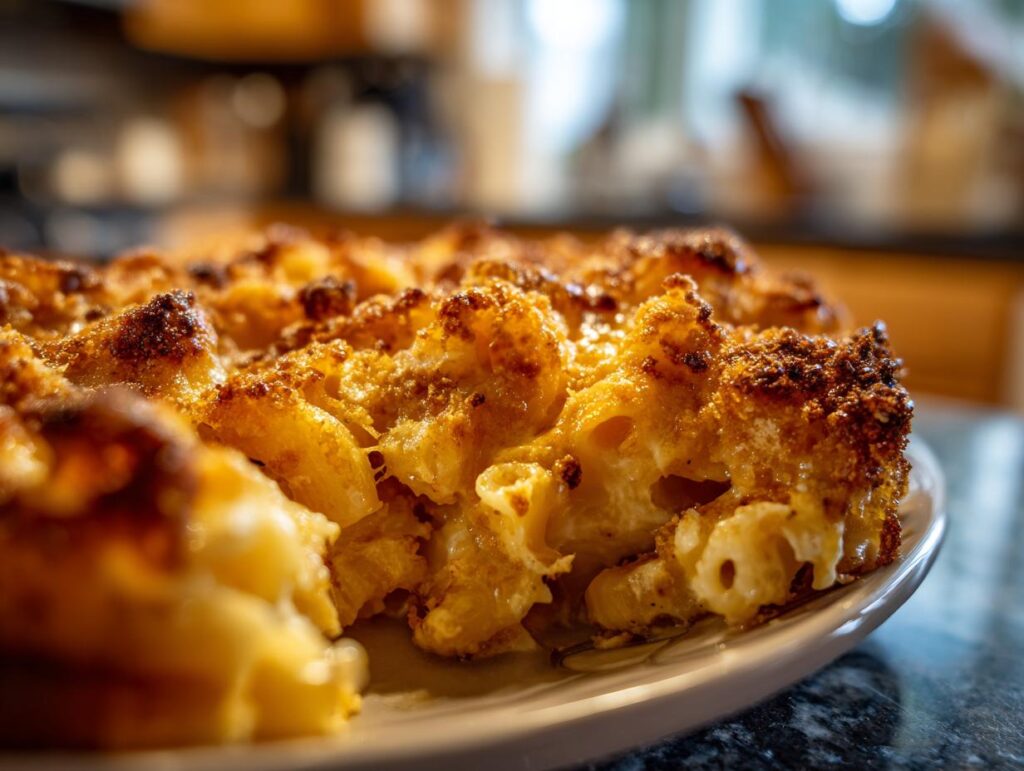Close-up of golden baked Thanksgiving Mac and Cheese on a white plate.