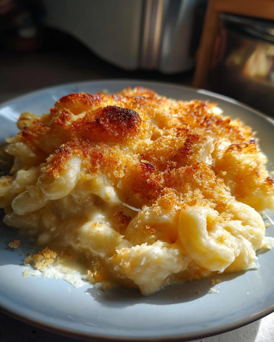 Close-up of a creamy, golden-brown baked Thanksgiving Mac and Cheese on a blue plate.