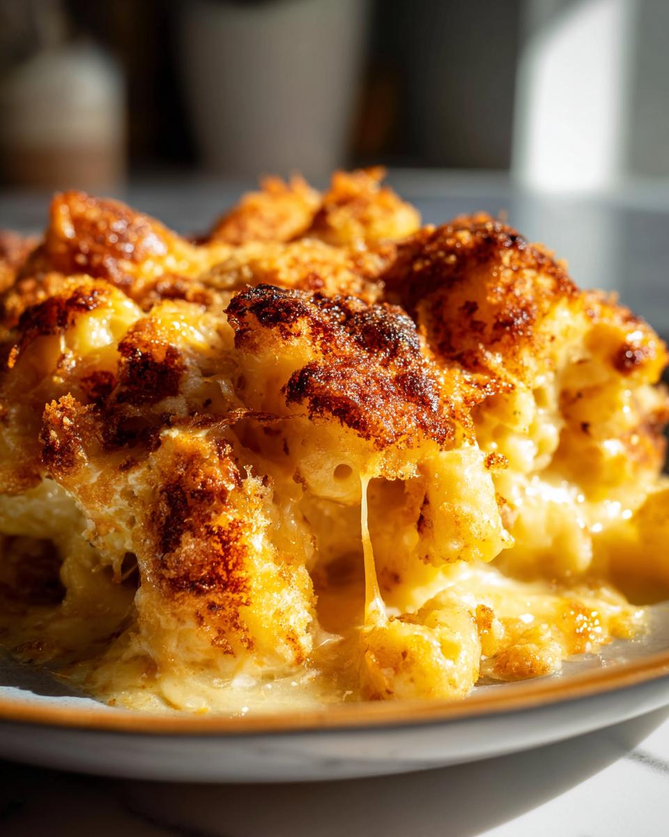 Close-up of creamy Thanksgiving Mac and Cheese with golden, crispy topping and melted cheese.