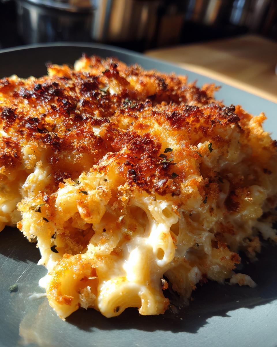 Close-up of creamy Thanksgiving Mac and Cheese with a golden, crispy breadcrumb topping.