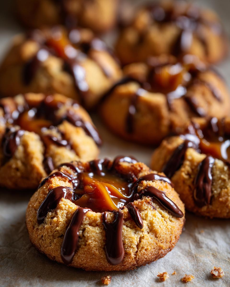 Close-up of a Turtle Thumbprint Cookie filled with caramel and drizzled with chocolate.