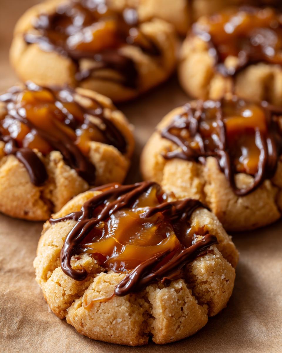 Close-up of a Turtle Thumbprint Cookie filled with caramel and drizzled with chocolate.