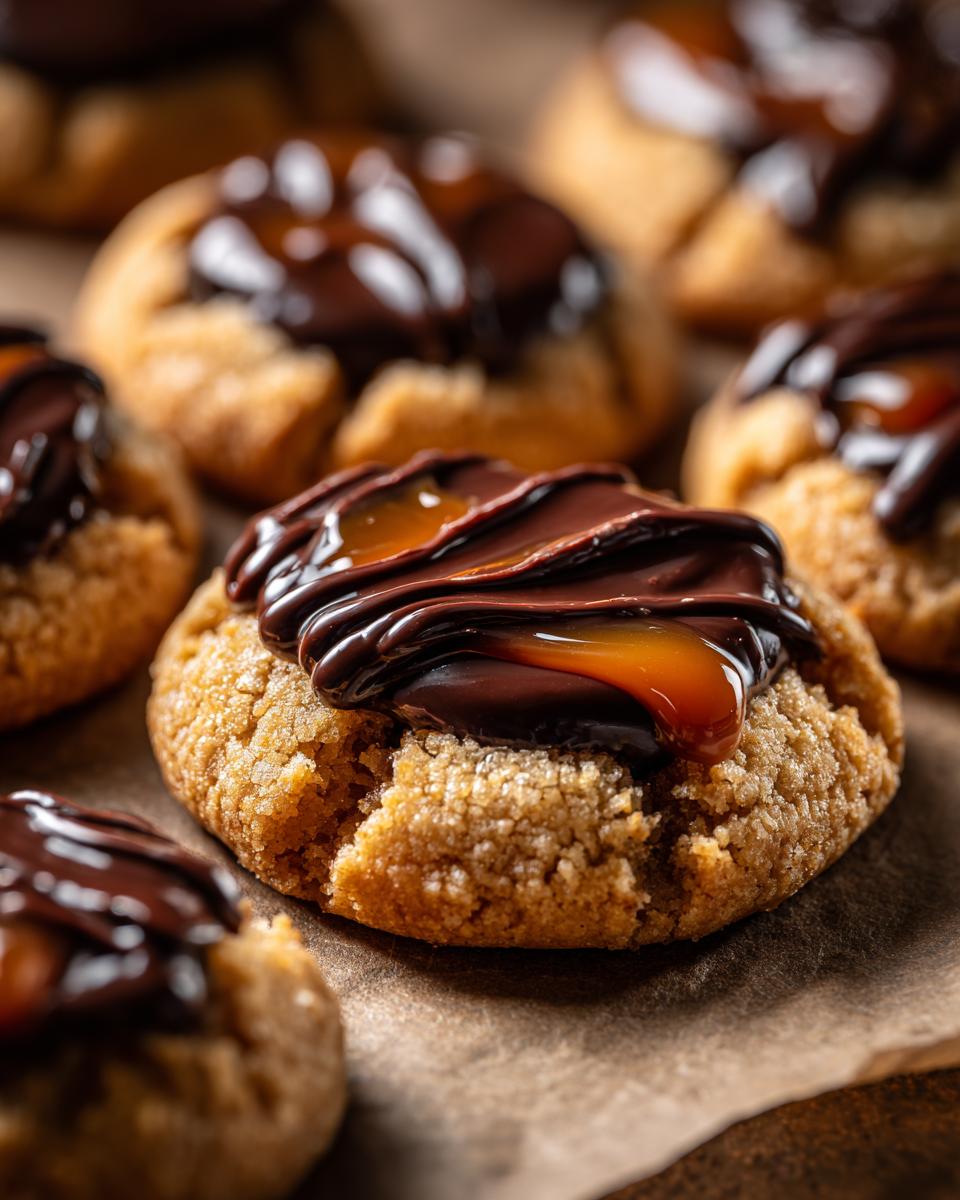 Close-up of a Turtle Thumbprint Cookie topped with gooey caramel and rich chocolate drizzle.