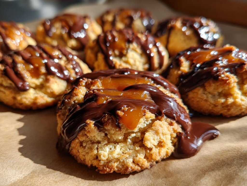 Close-up of freshly baked Turtle Thumbprint Cookies topped with caramel and drizzled with chocolate.