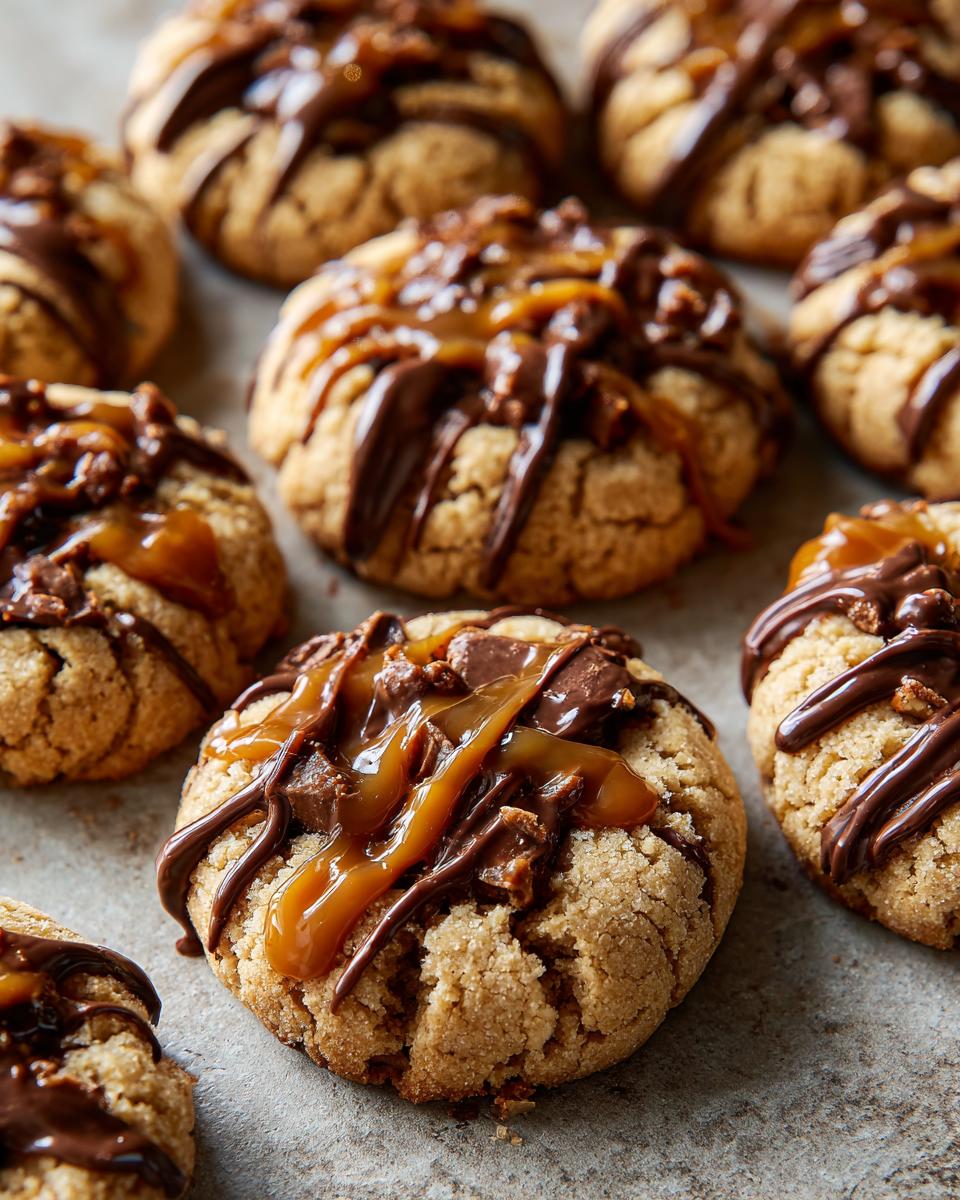 Close-up of several Turtle Thumbprint Cookies topped with chocolate, caramel, and chopped nuts.