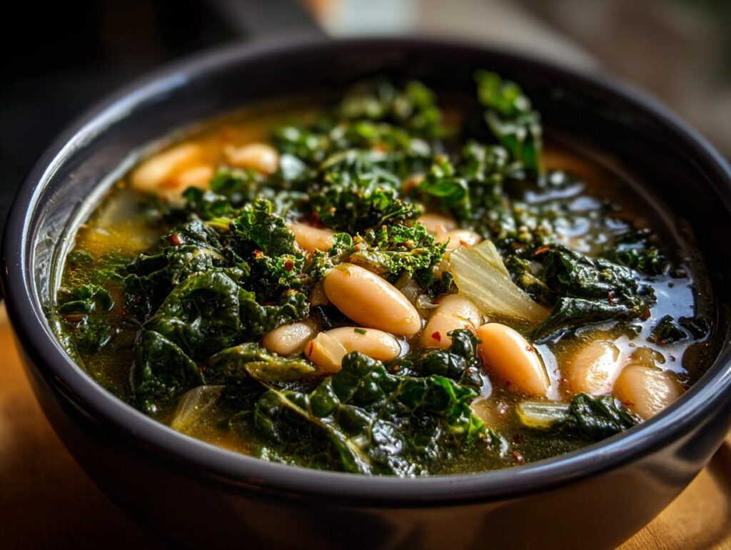 Close-up of a bowl of Tuscan White Bean & Kale Soup, with beans, kale, and broth.