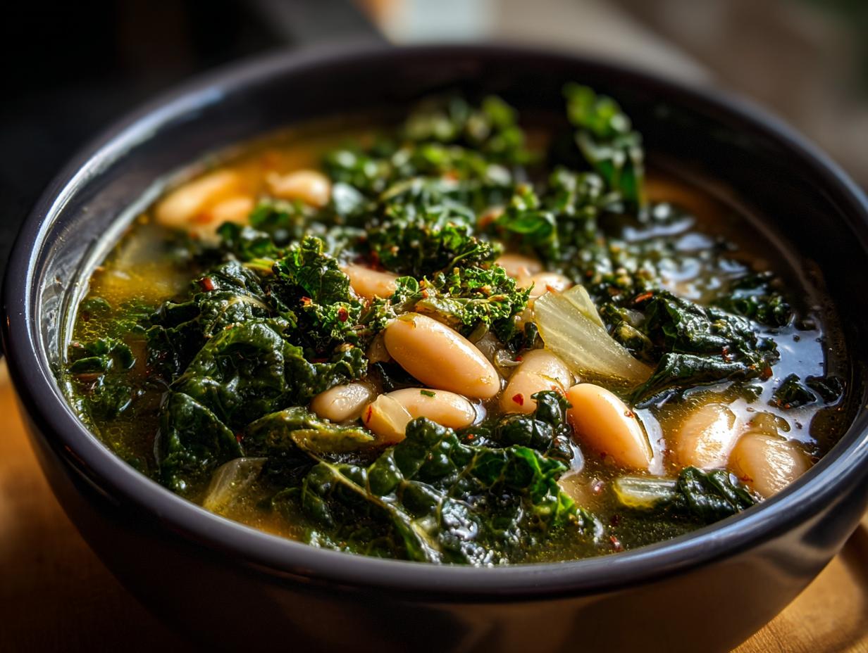 Close-up of a bowl of Tuscan White Bean & Kale Soup, with beans, kale, and broth.