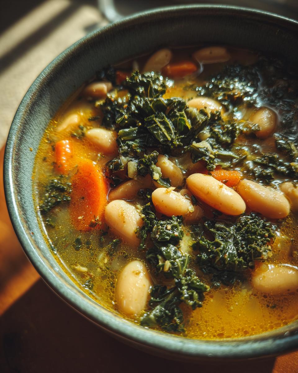 Close-up of a bowl of Tuscan White Bean & Kale Soup, showing beans, kale, and carrots.
