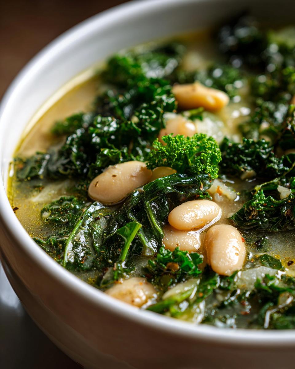 Close-up of a bowl of Tuscan White Bean & Kale Soup, showing kale and white beans.