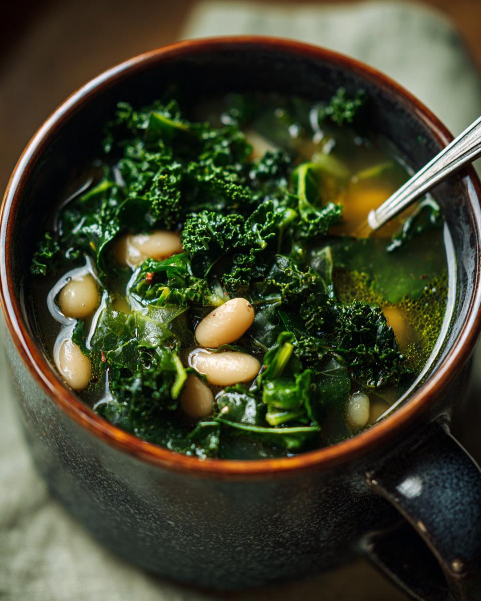 Close-up of a bowl of Tuscan White Bean & Kale Soup with kale, beans, and broth.