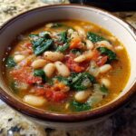 Close-up of a bowl of Tuscan White Bean & Spinach Soup, with beans, spinach, and tomatoes.