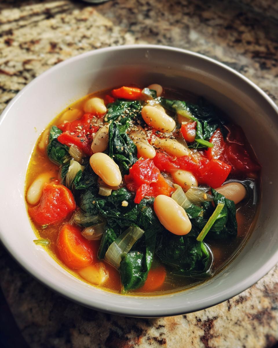 A bowl of Tuscan White Bean & Spinach Soup with tomatoes, spinach, and white beans.