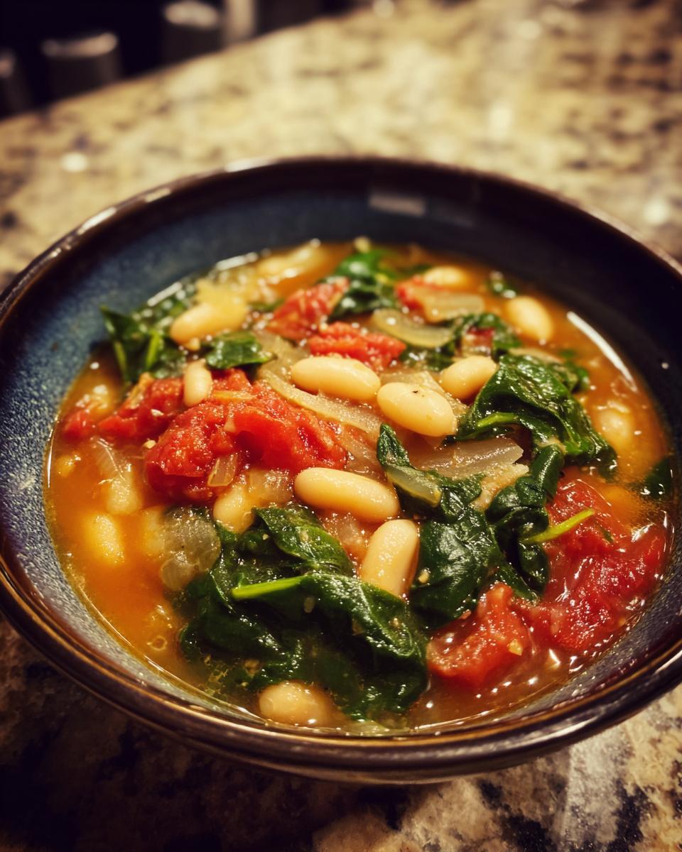 Close-up of a bowl of Tuscan White Bean & Spinach Soup with tomatoes, spinach, and white beans.