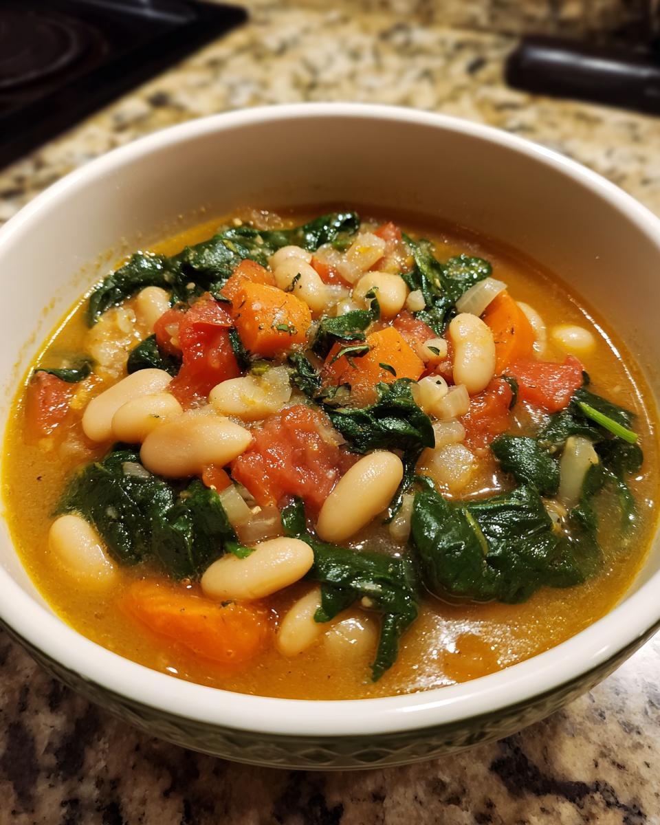 Close-up of a bowl of Tuscan White Bean & Spinach Soup, with beans, spinach, and tomatoes.