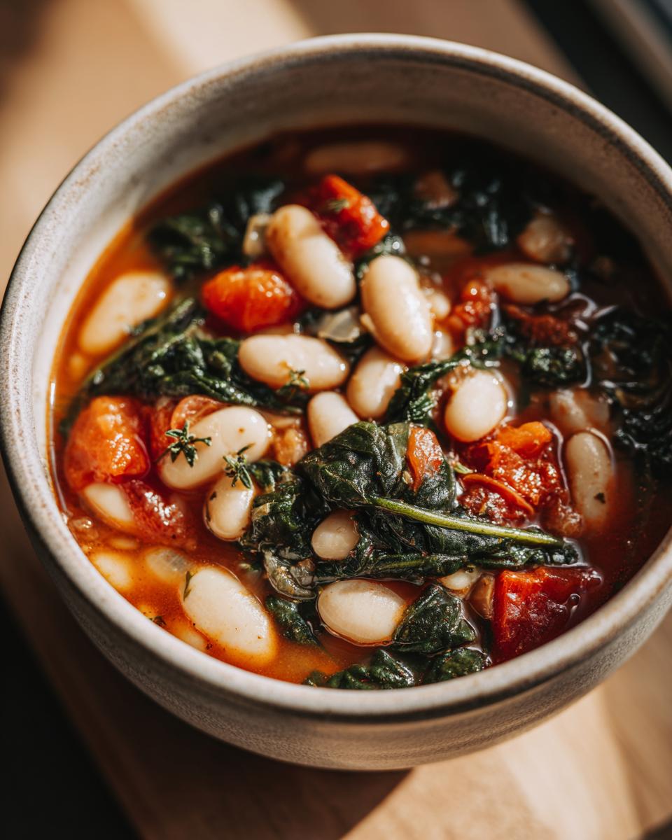 Close-up of a bowl of Tuscan White Bean & Spinach Soup with beans, spinach, and tomatoes.