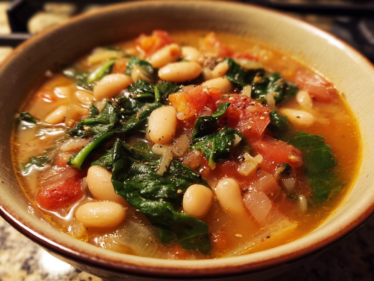 Close-up of a bowl of Tuscan White Bean & Spinach Soup with beans, spinach, and tomatoes.